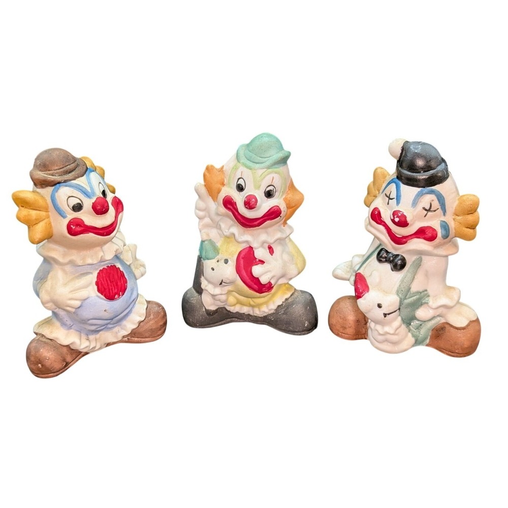 Vintage Ceramic Clown Figurines Set of 3 Hand Painted Circus Decor Bisque 5"